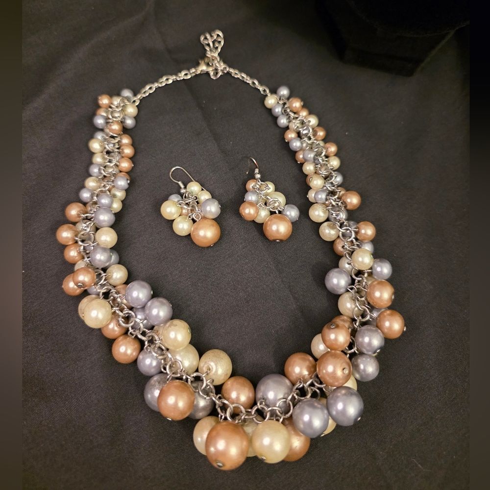 Chunky Multi-Strand Faux Pearl Necklace & Matching Earrings Set